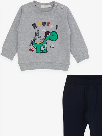 Crew Neck Long Sleeve Printed Baby Boy Sweatshirt and Tracksuit Bottom 2-Piece Set