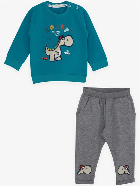 Crew Neck Long Sleeve Printed Baby Boy Sweatshirt and Tracksuit Bottom 2-Piece Set