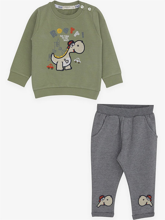 Crew Neck Long Sleeve Printed Baby Boy Sweatshirt and Tracksuit Bottom 2-Piece Set