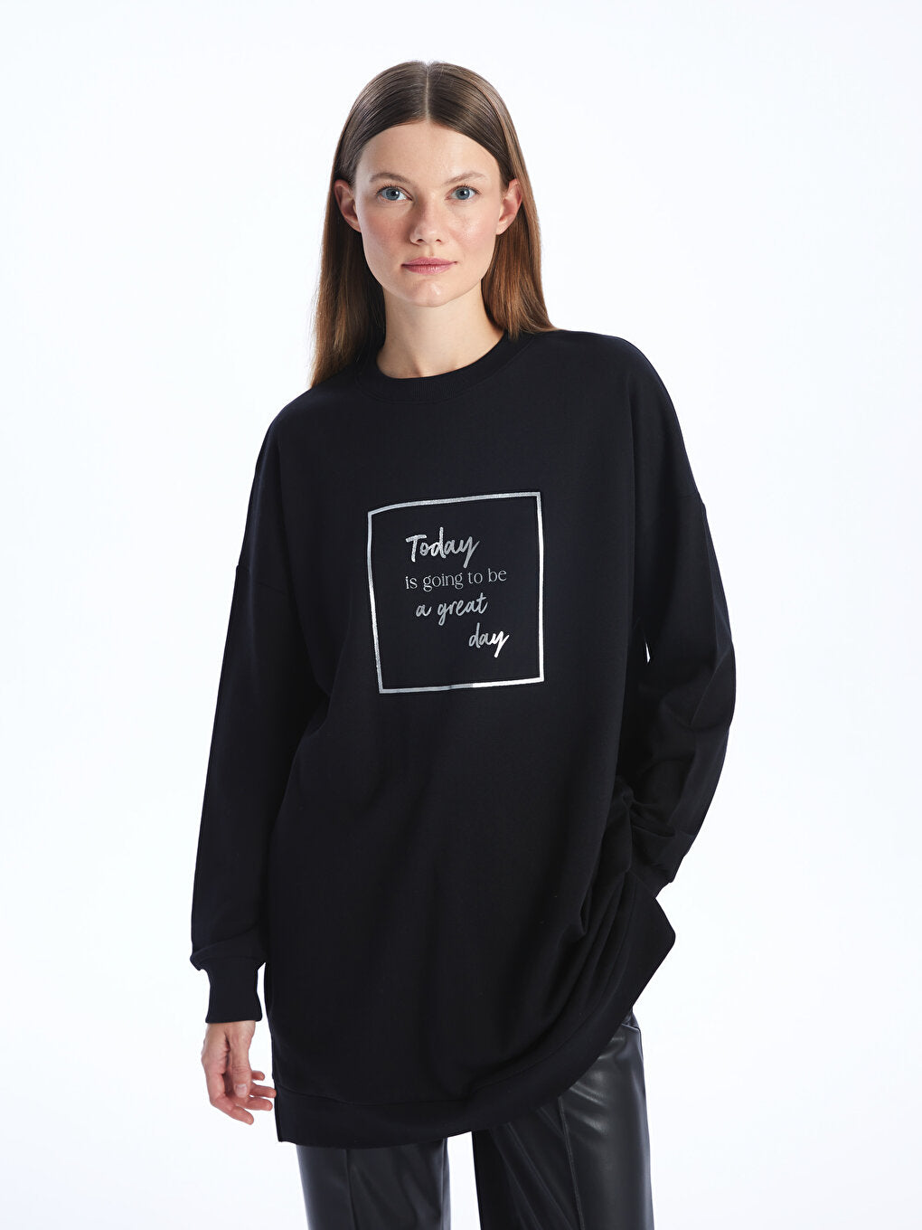 Crew Neck Printed Long Sleeve Oversize Women's Sweatshirt Tunic