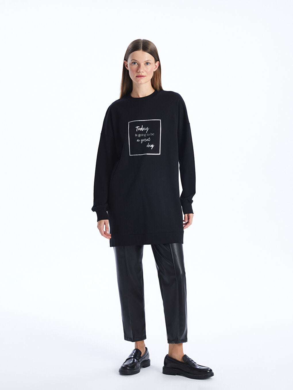 Crew Neck Printed Long Sleeve Oversize Women's Sweatshirt Tunic