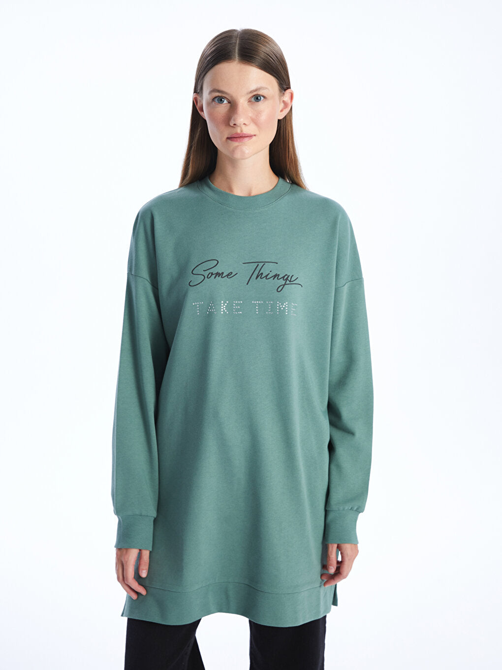 Crew Neck Printed Long Sleeve Oversize Women's Sweatshirt Tunic