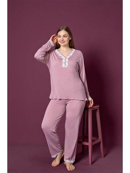 Embroidery Detailed V-Neck Women's Pajama Set