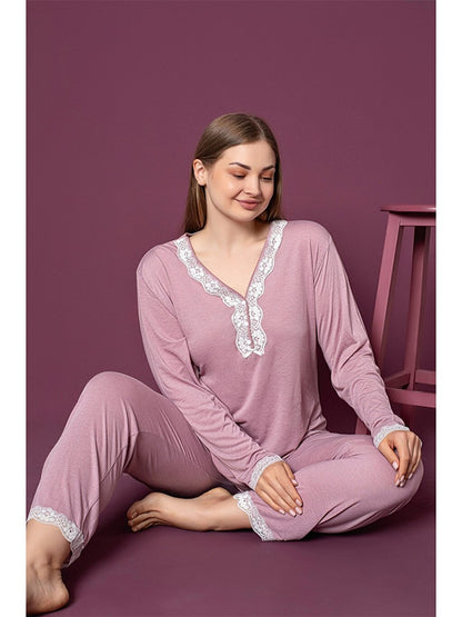 Embroidery Detailed V-Neck Women's Pajama Set