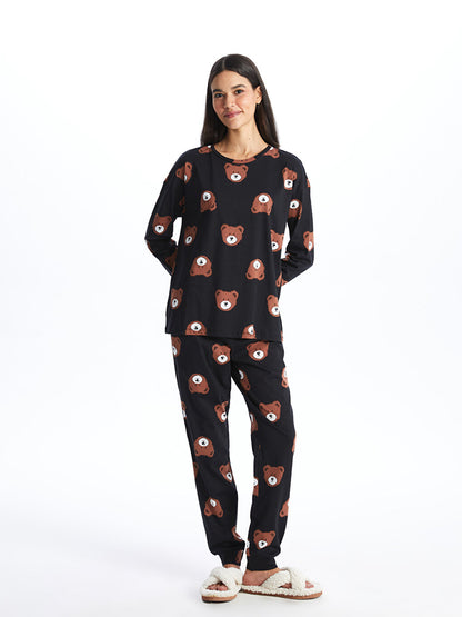 Crew Neck Patterned Long Sleeve Women's Pajama Set