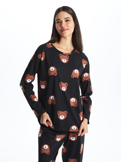 Crew Neck Patterned Long Sleeve Women's Pajama Set