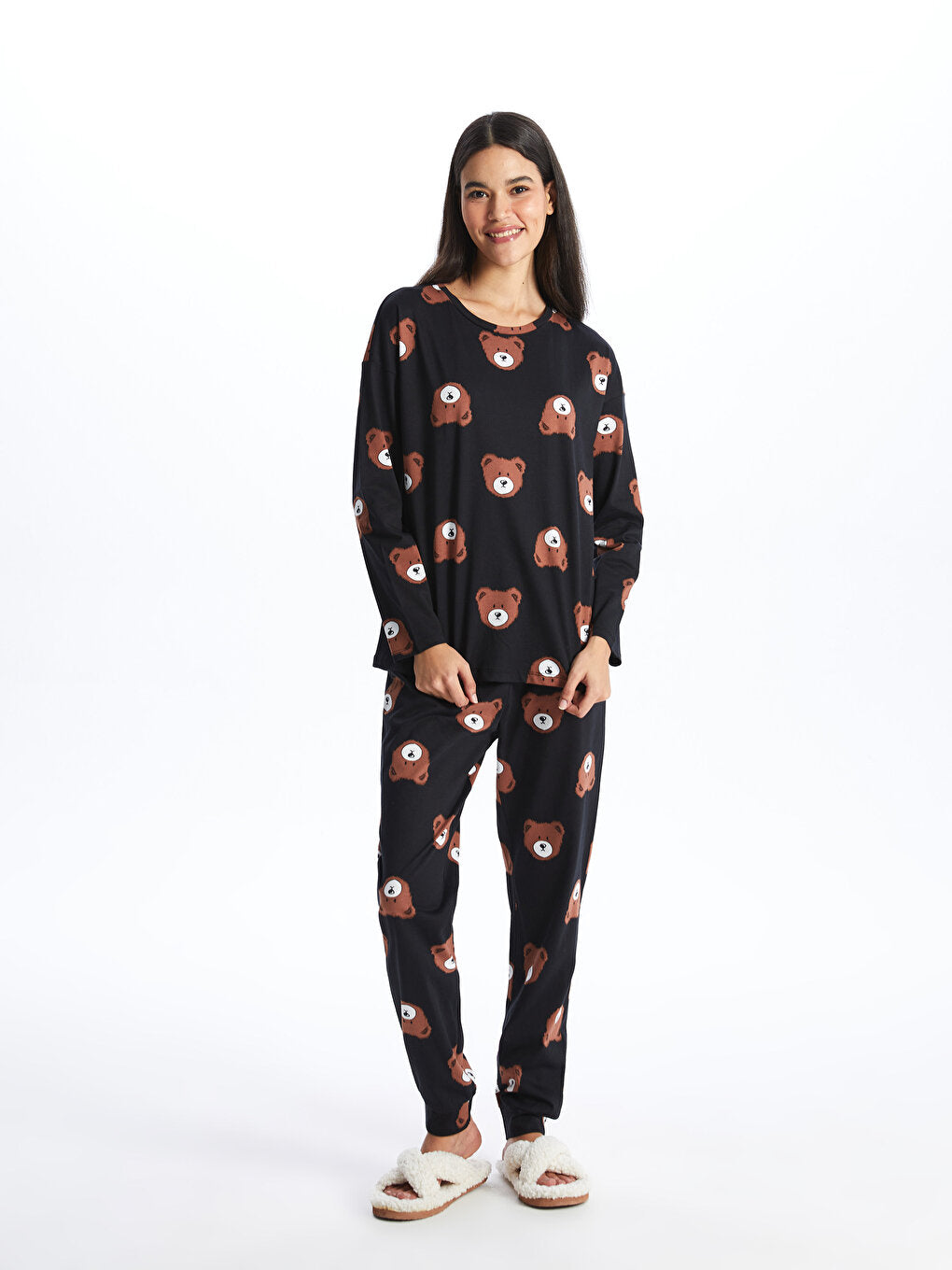 Crew Neck Patterned Long Sleeve Women's Pajama Set