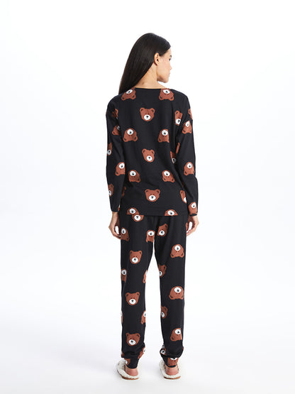 Crew Neck Patterned Long Sleeve Women's Pajama Set