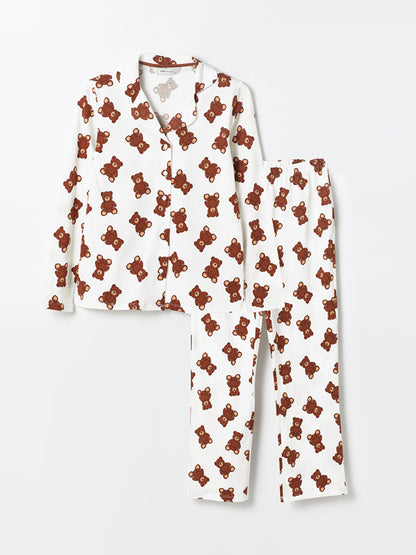 Shirt Collar Printed Long Sleeve Women's Pajama Set