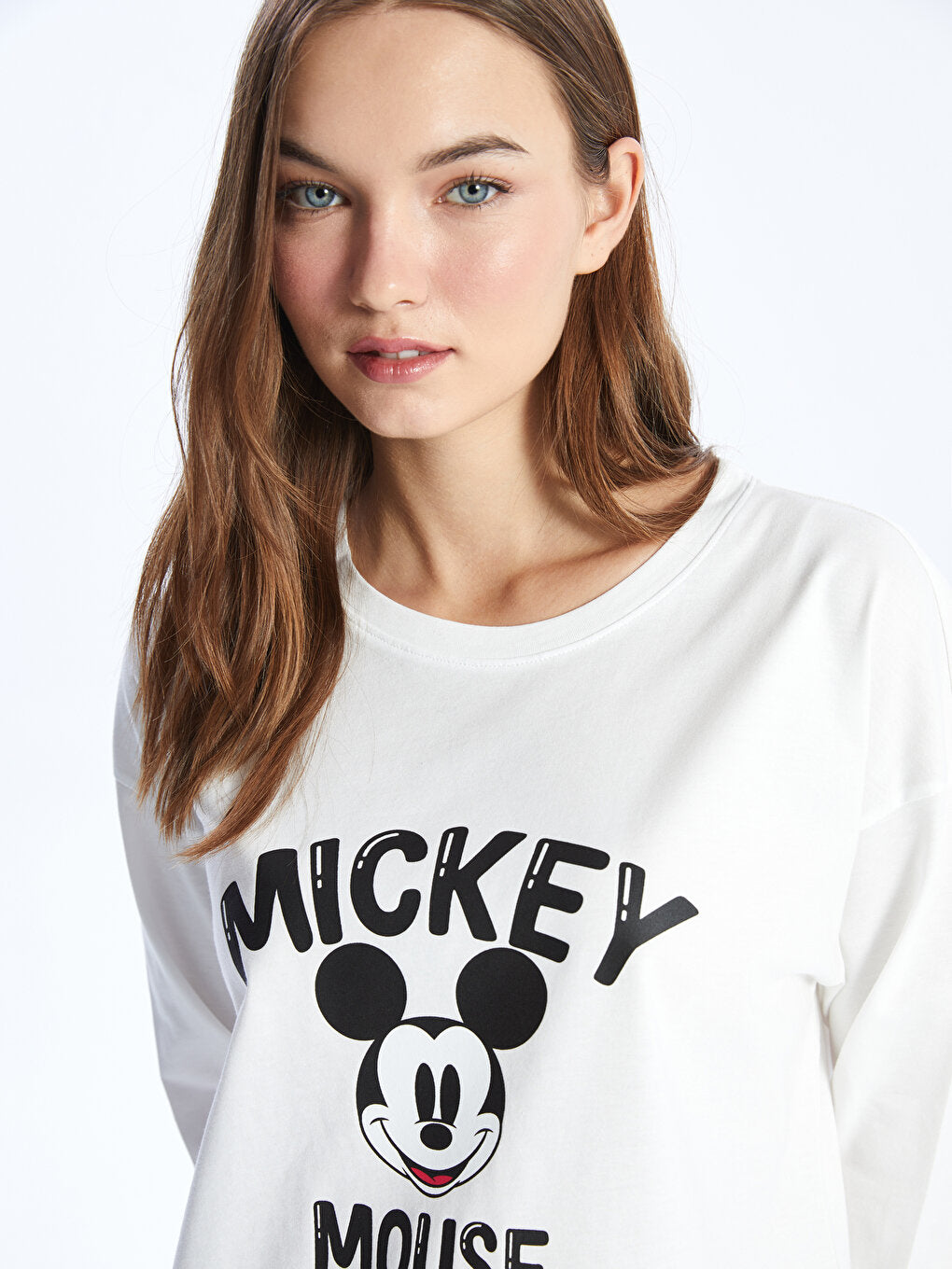 Crew Neck Mickey Mouse Printed Long Sleeve Women's Pajama Set