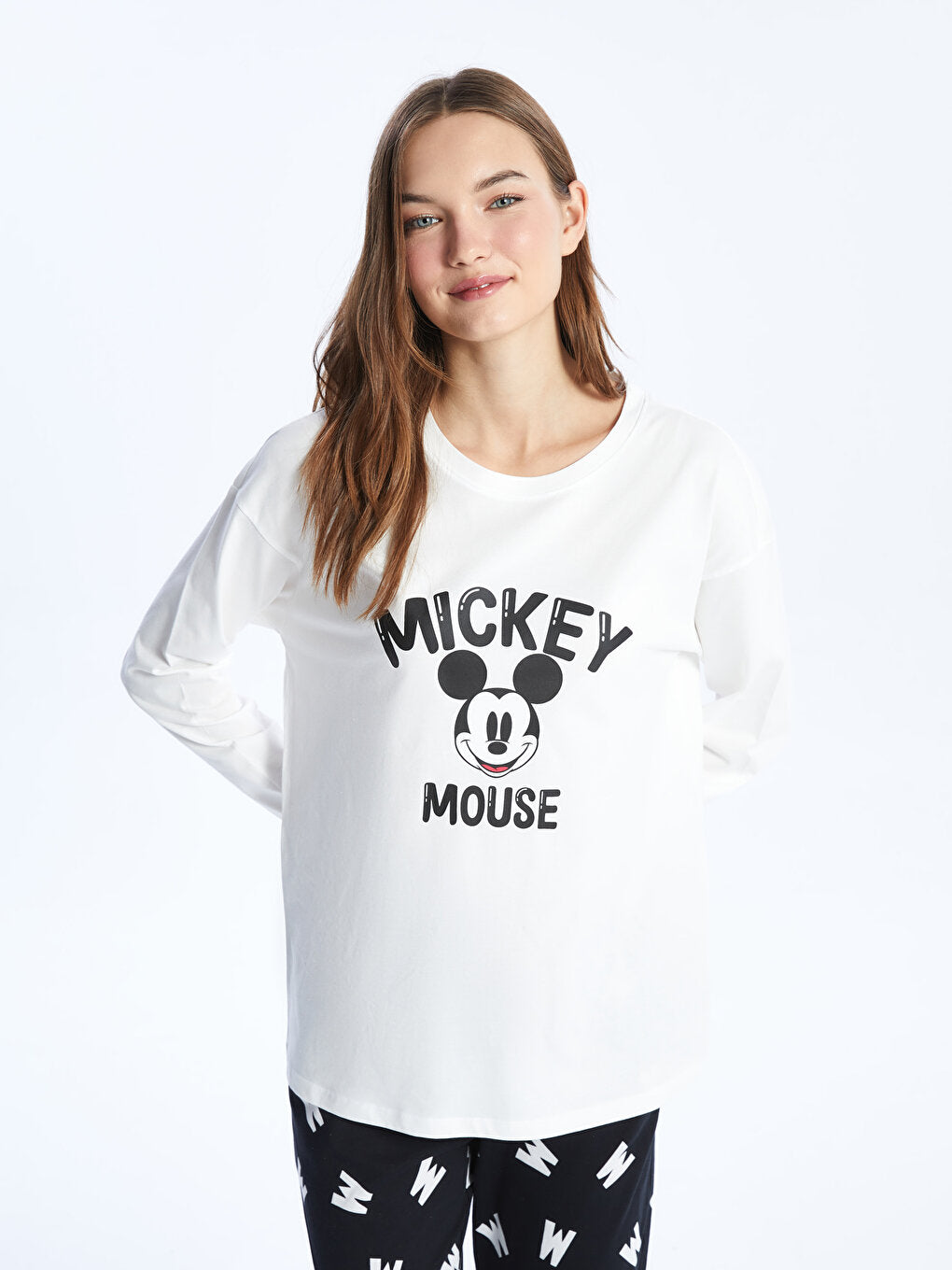 Crew Neck Mickey Mouse Printed Long Sleeve Women's Pajama Set