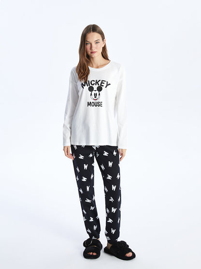 Crew Neck Mickey Mouse Printed Long Sleeve Women's Pajama Set