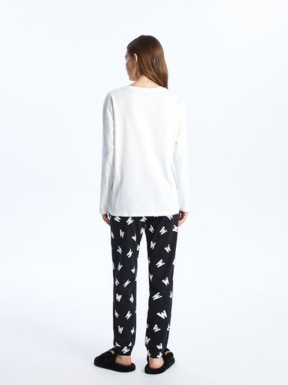 Crew Neck Mickey Mouse Printed Long Sleeve Women's Pajama Set