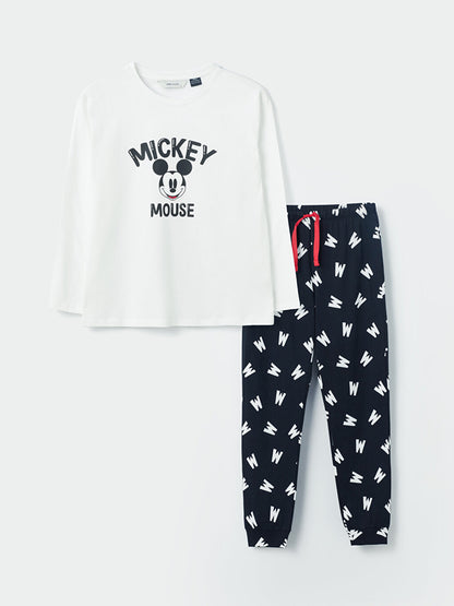 Crew Neck Mickey Mouse Printed Long Sleeve Women's Pajama Set