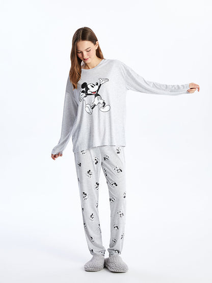 Crew Neck Mickey Mouse Printed Long Sleeve Women's Pajama Set