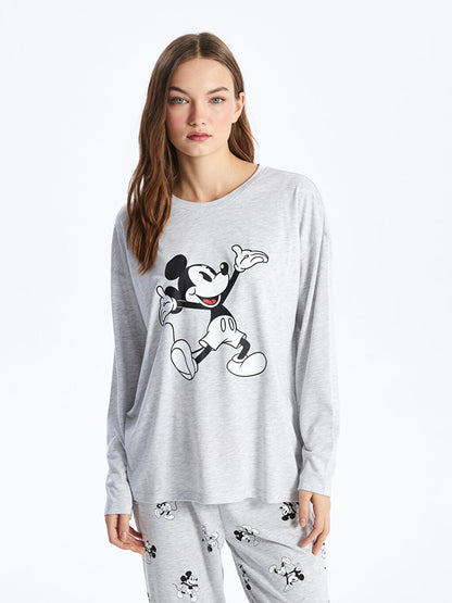 Crew Neck Mickey Mouse Printed Long Sleeve Women's Pajama Set