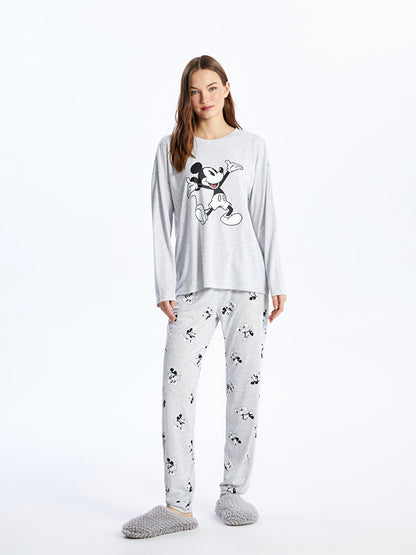 Crew Neck Mickey Mouse Printed Long Sleeve Women's Pajama Set