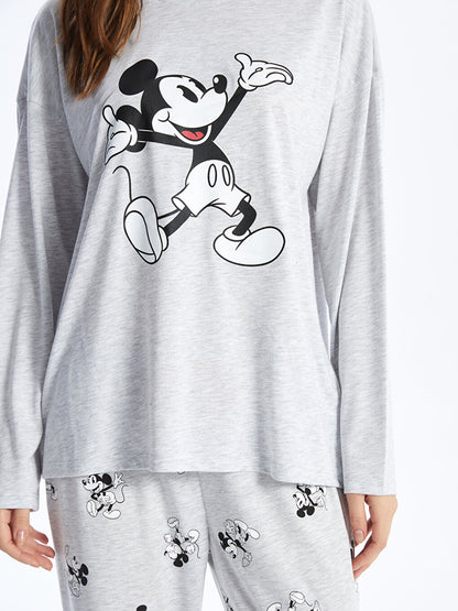 Crew Neck Mickey Mouse Printed Long Sleeve Women's Pajama Set