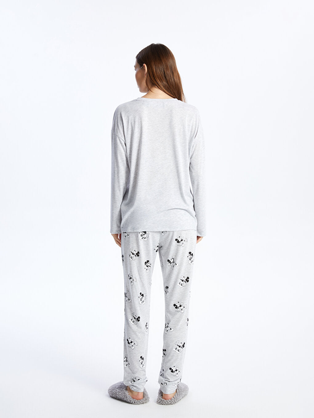 Crew Neck Mickey Mouse Printed Long Sleeve Women's Pajama Set