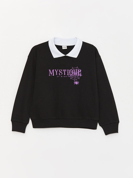 Shirt Collar Printed Long Sleeve Girl's Sweatshirt