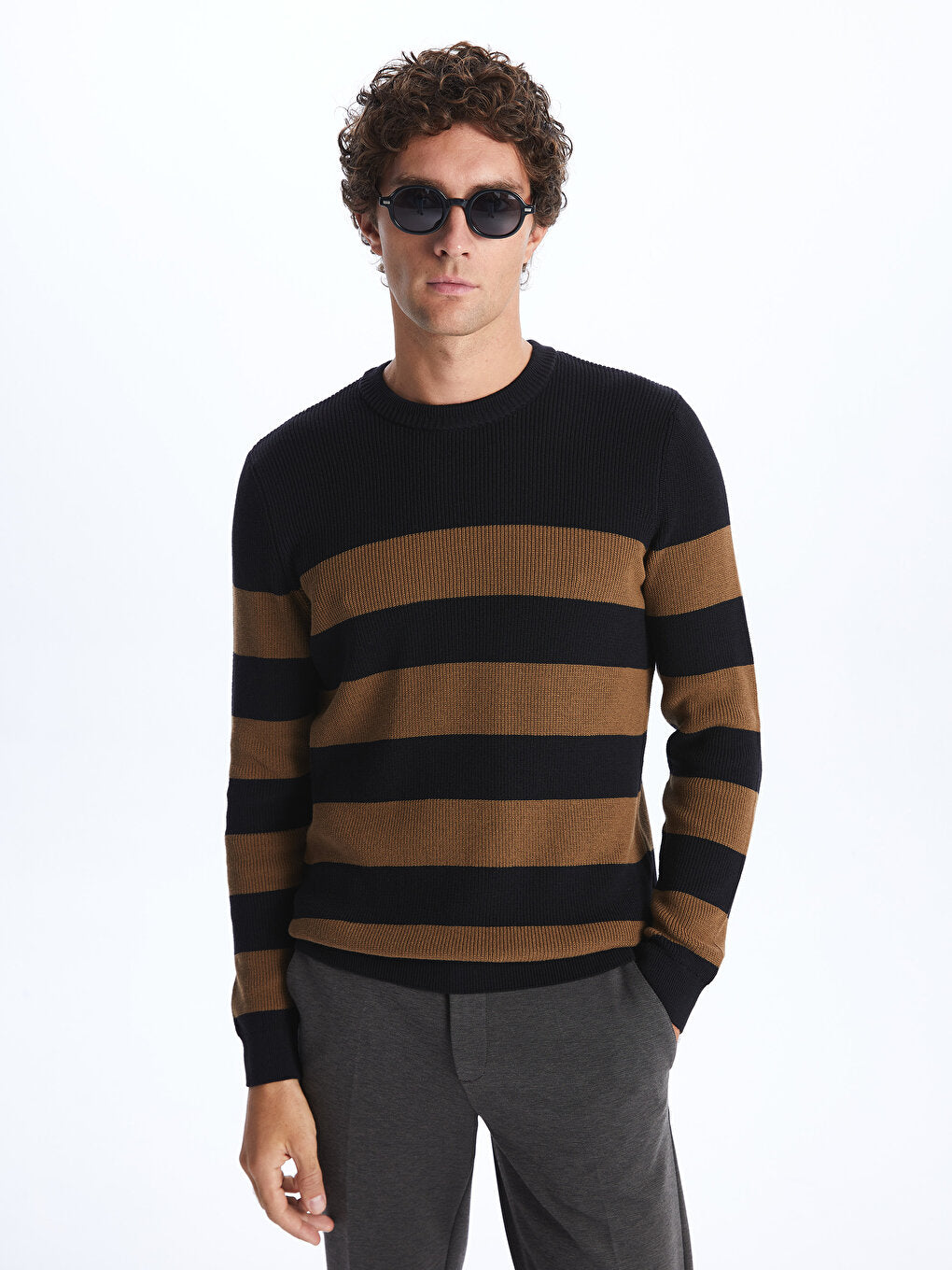 Crew Neck Long Sleeve Striped Men's Knitwear Sweater