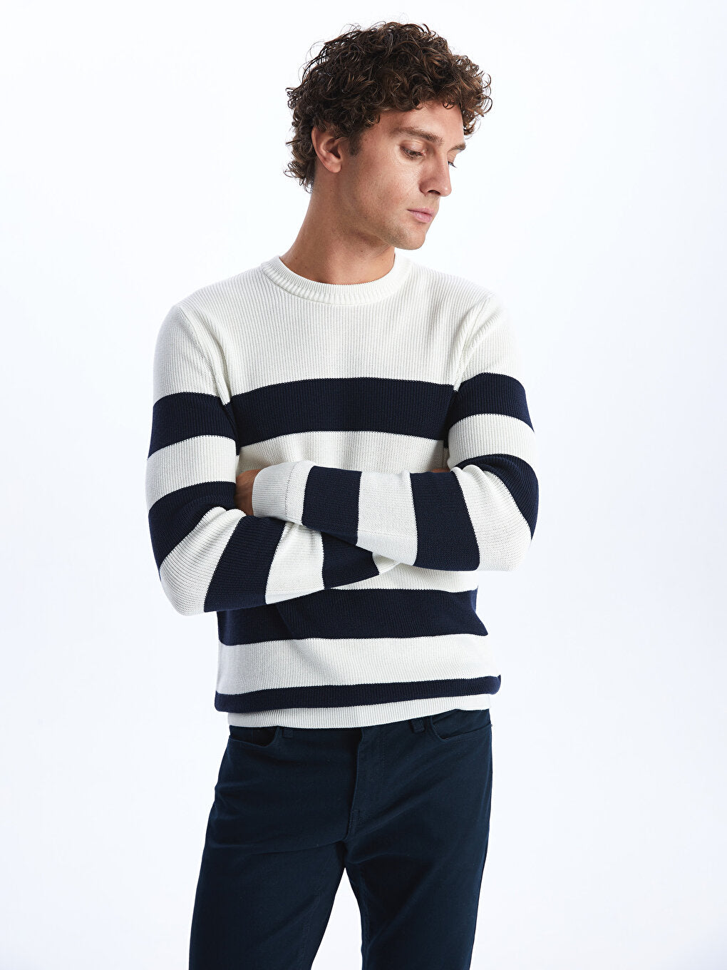 Crew Neck Long Sleeve Striped Men's Knitwear Sweater