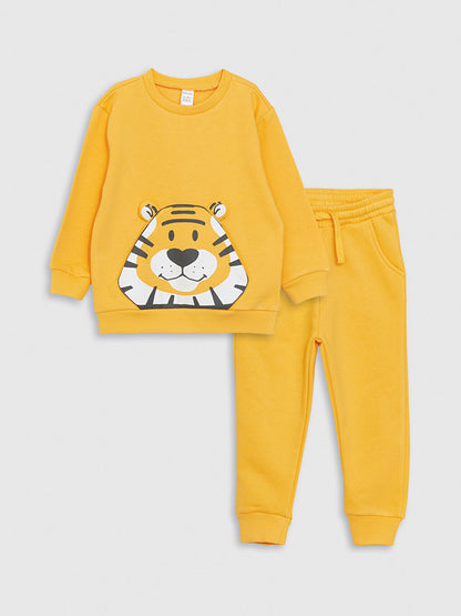 Crew Neck Long Sleeve Printed Baby Boy Sweatshirt and Tracksuit Bottom 2-Piece Set