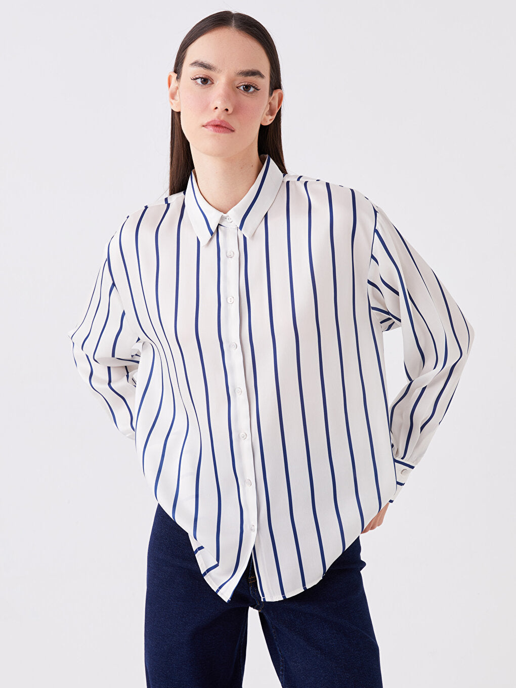 Striped Long Sleeve Oversize Women's Satin Shirt