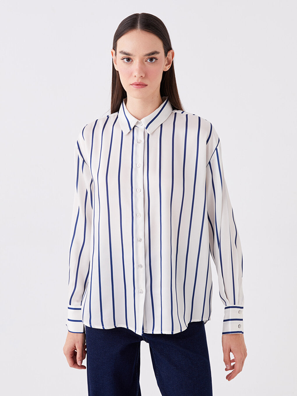 Striped Long Sleeve Oversize Women's Satin Shirt