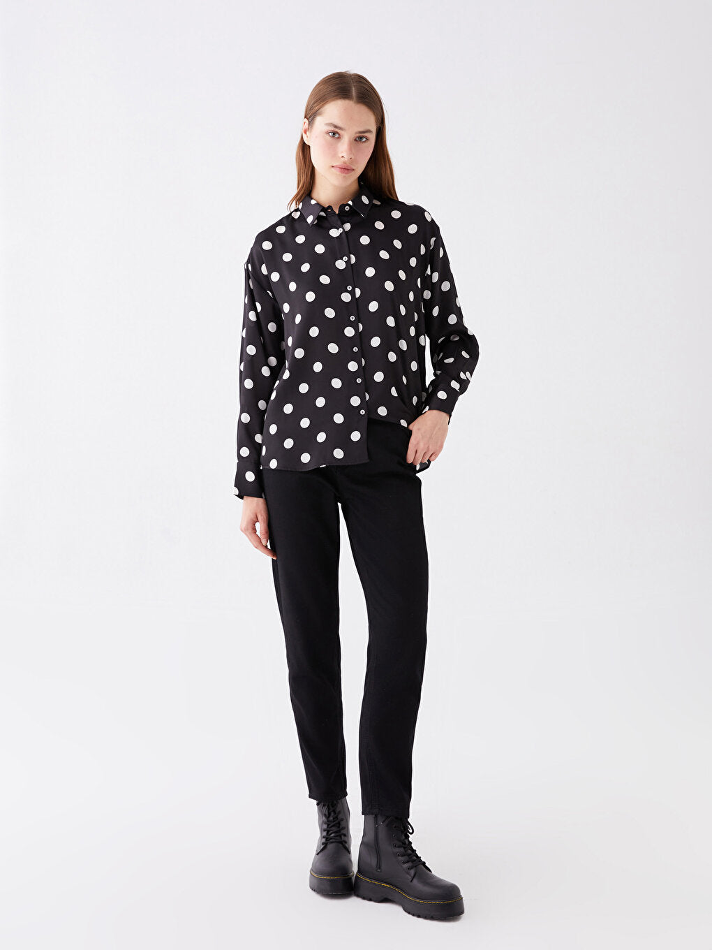 Polka Dot Long Sleeve Oversize Women's Satin Shirt