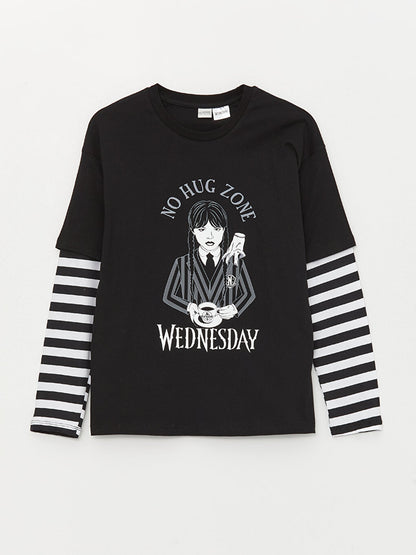 Crew Neck Wednesday Printed Long Sleeve Girls' T-Shirt