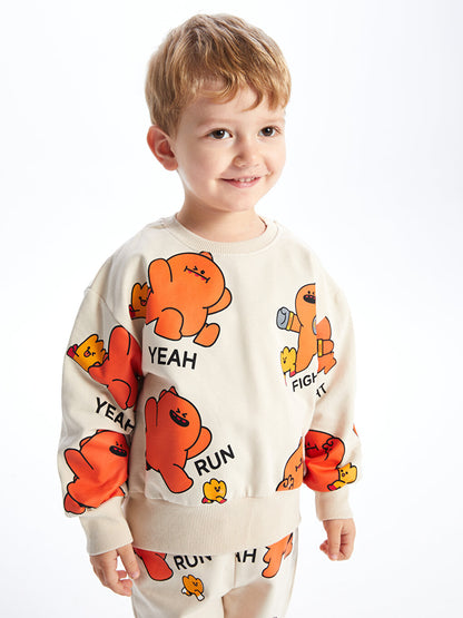 Crew Neck Printed Baby Boy Sweatshirt and Tracksuit Bottom 2-Piece Set