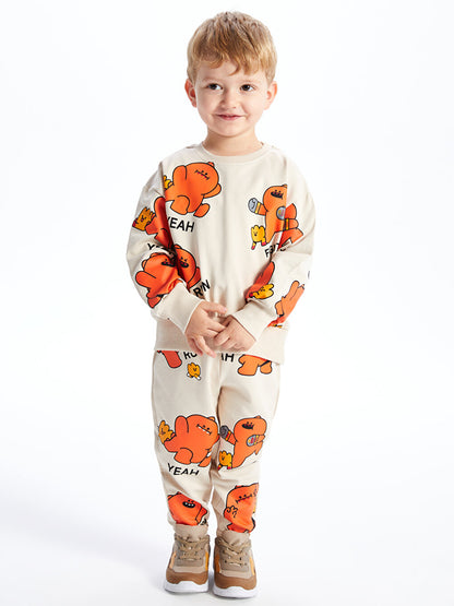 Crew Neck Printed Baby Boy Sweatshirt and Tracksuit Bottom 2-Piece Set