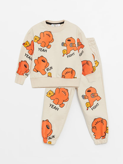 Crew Neck Printed Baby Boy Sweatshirt and Tracksuit Bottom 2-Piece Set