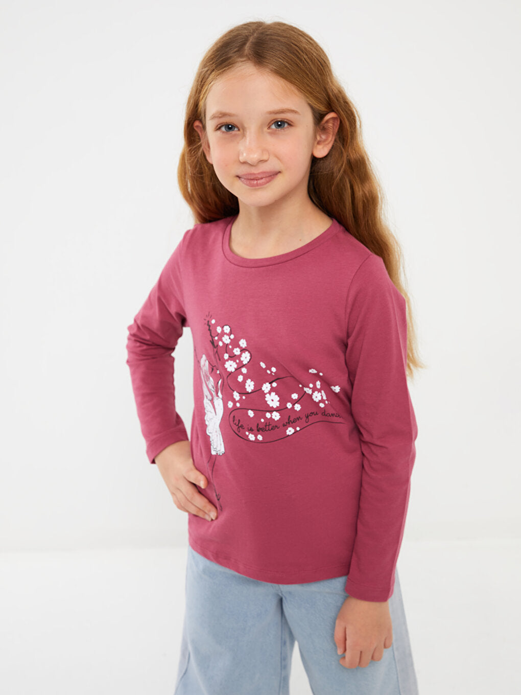 Crew Neck Printed Long Sleeve Girls' T-Shirt