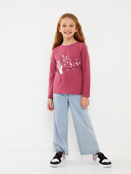 Crew Neck Printed Long Sleeve Girls' T-Shirt