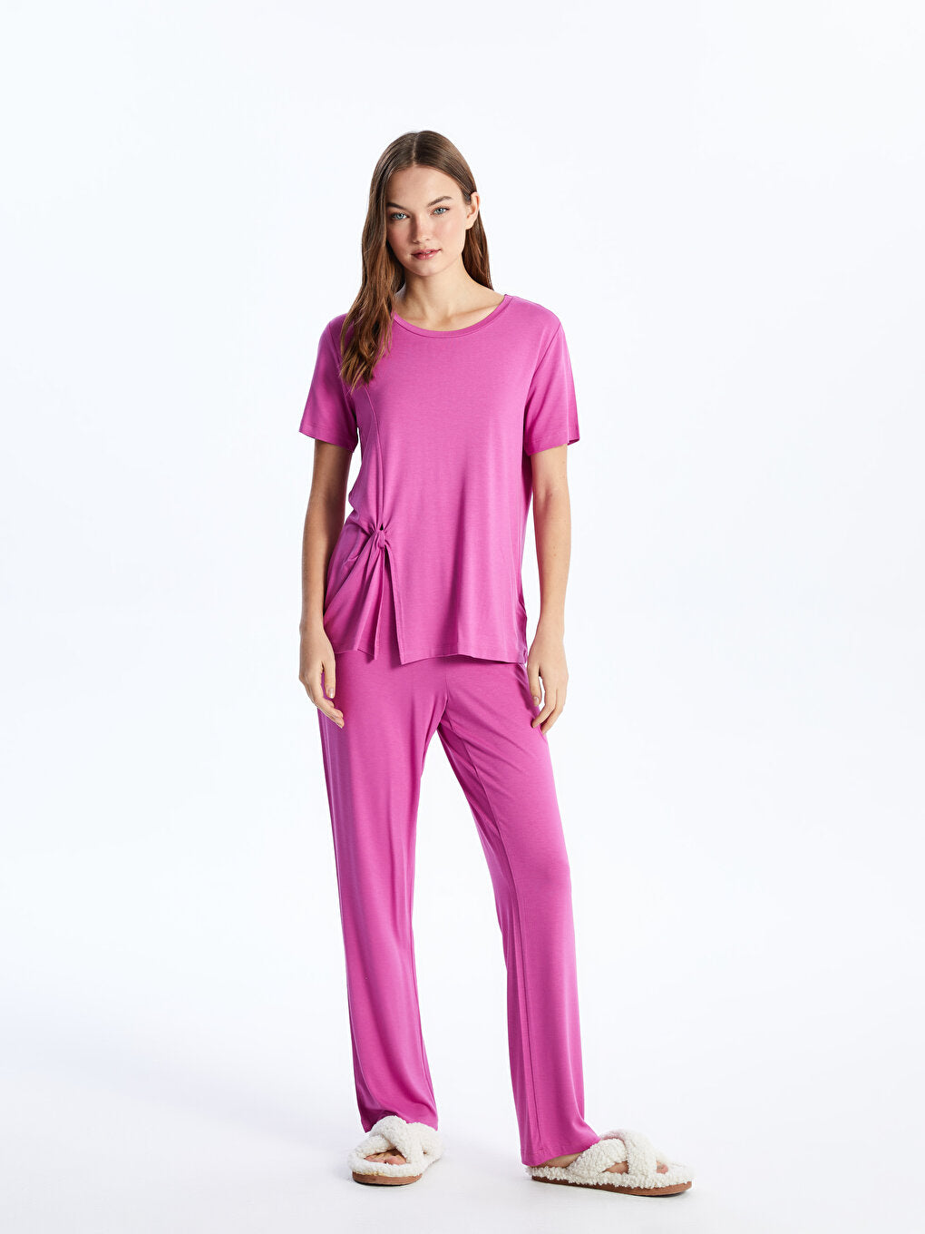 Crew Neck Plain Short Sleeve Women's Pajama Set