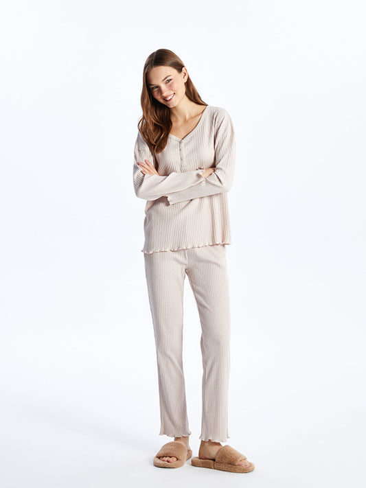 V-Neck Plain Long Sleeve Women's Pajama Set