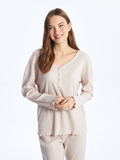 V-Neck Plain Long Sleeve Women's Pajama Set