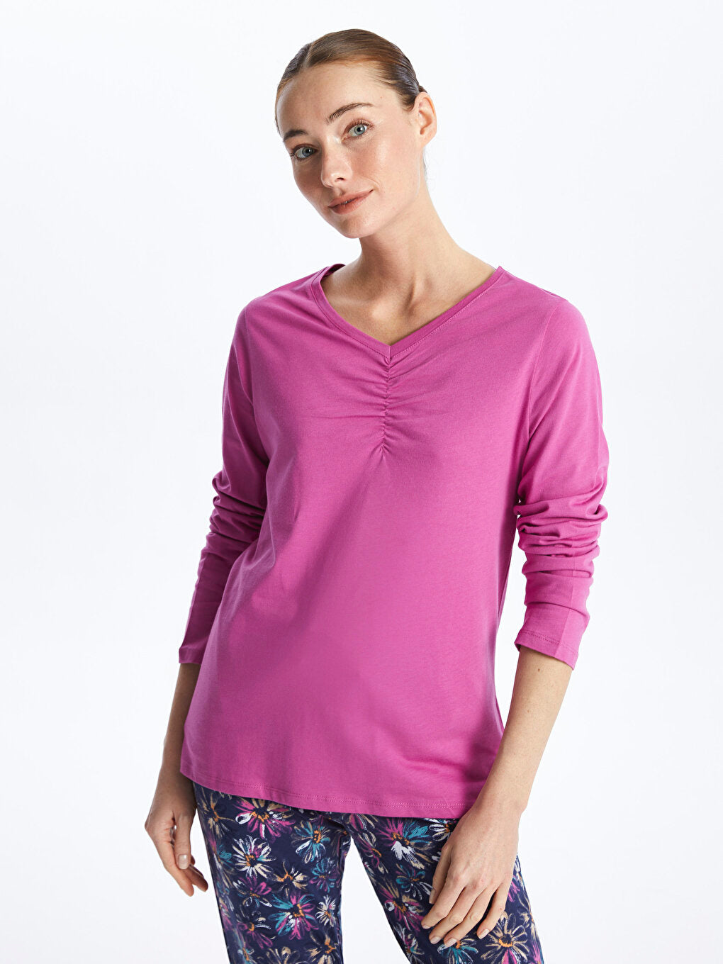 V-Neck Patterned Long Sleeve Women's Pajama Set