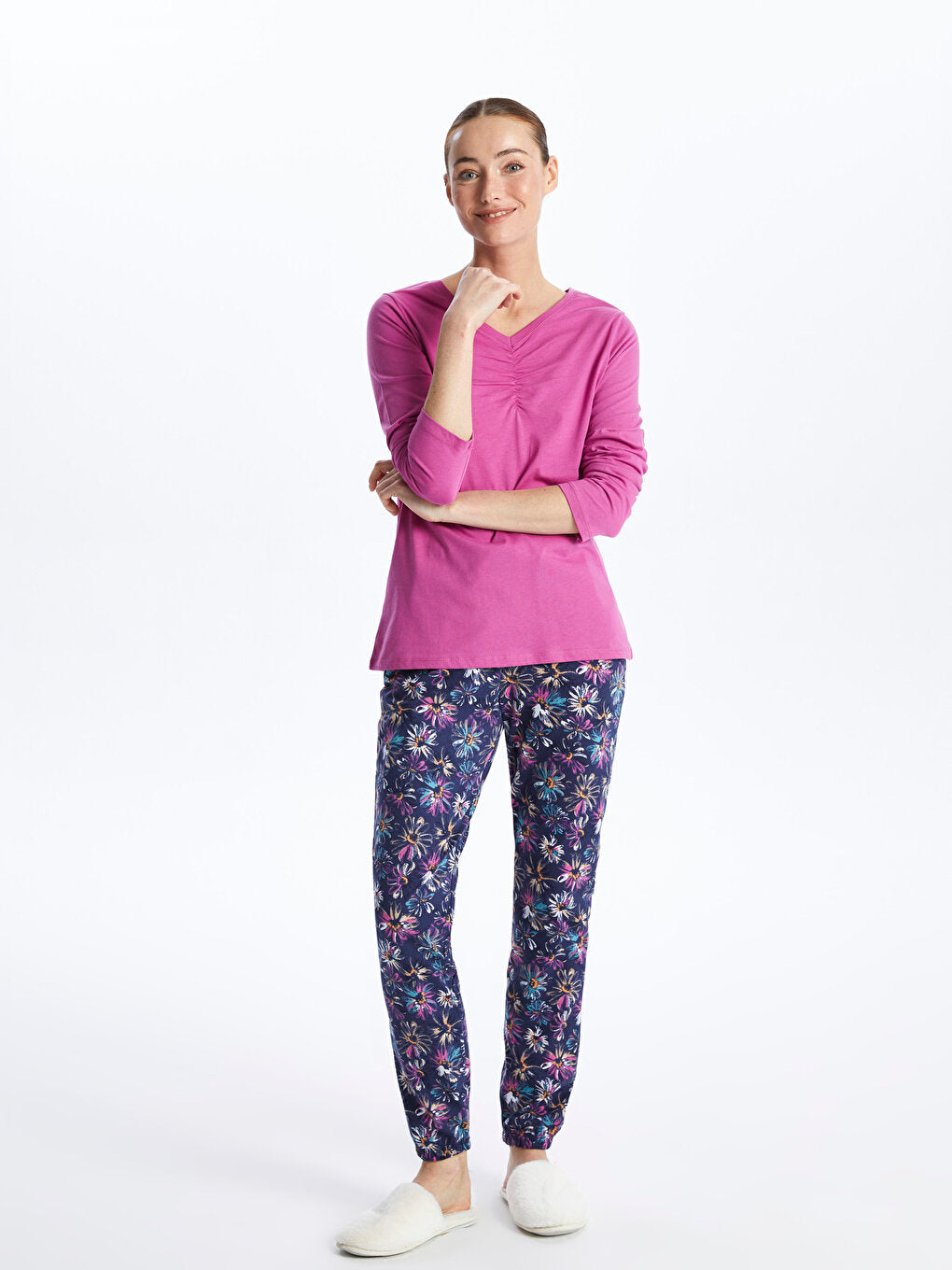 V-Neck Patterned Long Sleeve Women's Pajama Set