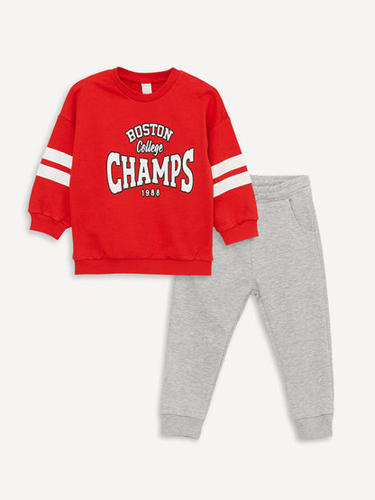 Crew Neck Long Sleeve Printed Baby Boy Sweatshirt and Tracksuit Bottom 2-Piece Set