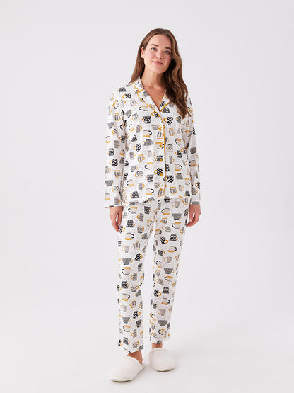 Shirt Collar Patterned Long Sleeve Women's Pajama Set