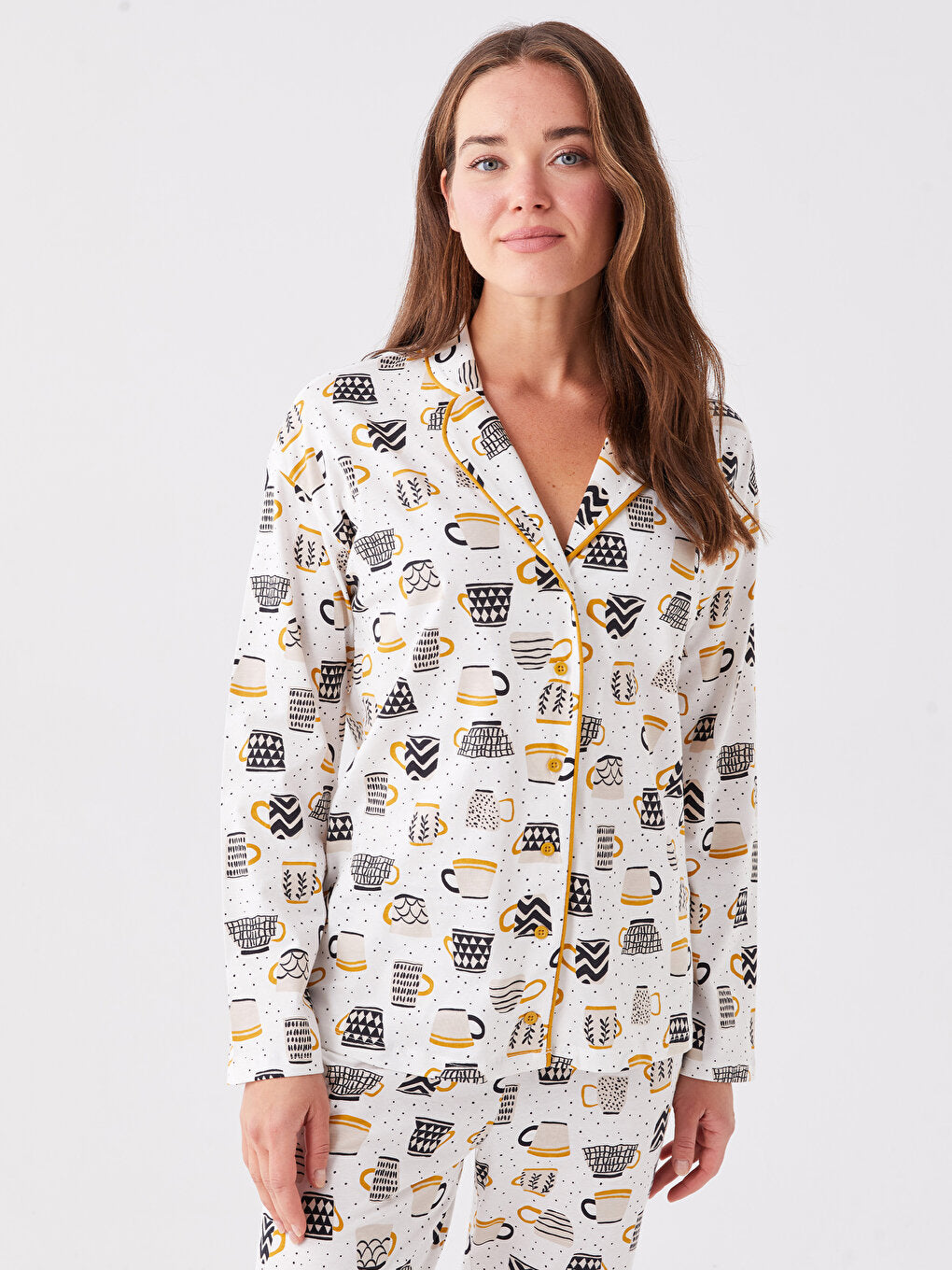 Shirt Collar Patterned Long Sleeve Women's Pajama Set