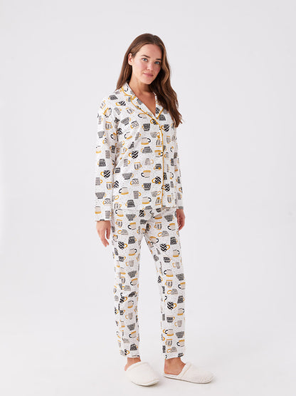 Shirt Collar Patterned Long Sleeve Women's Pajama Set