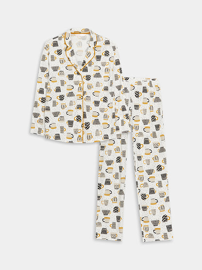 Shirt Collar Patterned Long Sleeve Women's Pajama Set