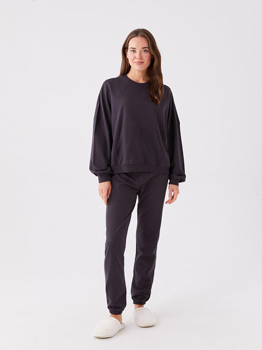 Crew Neck Plain Long Sleeve Women's Pajama Set