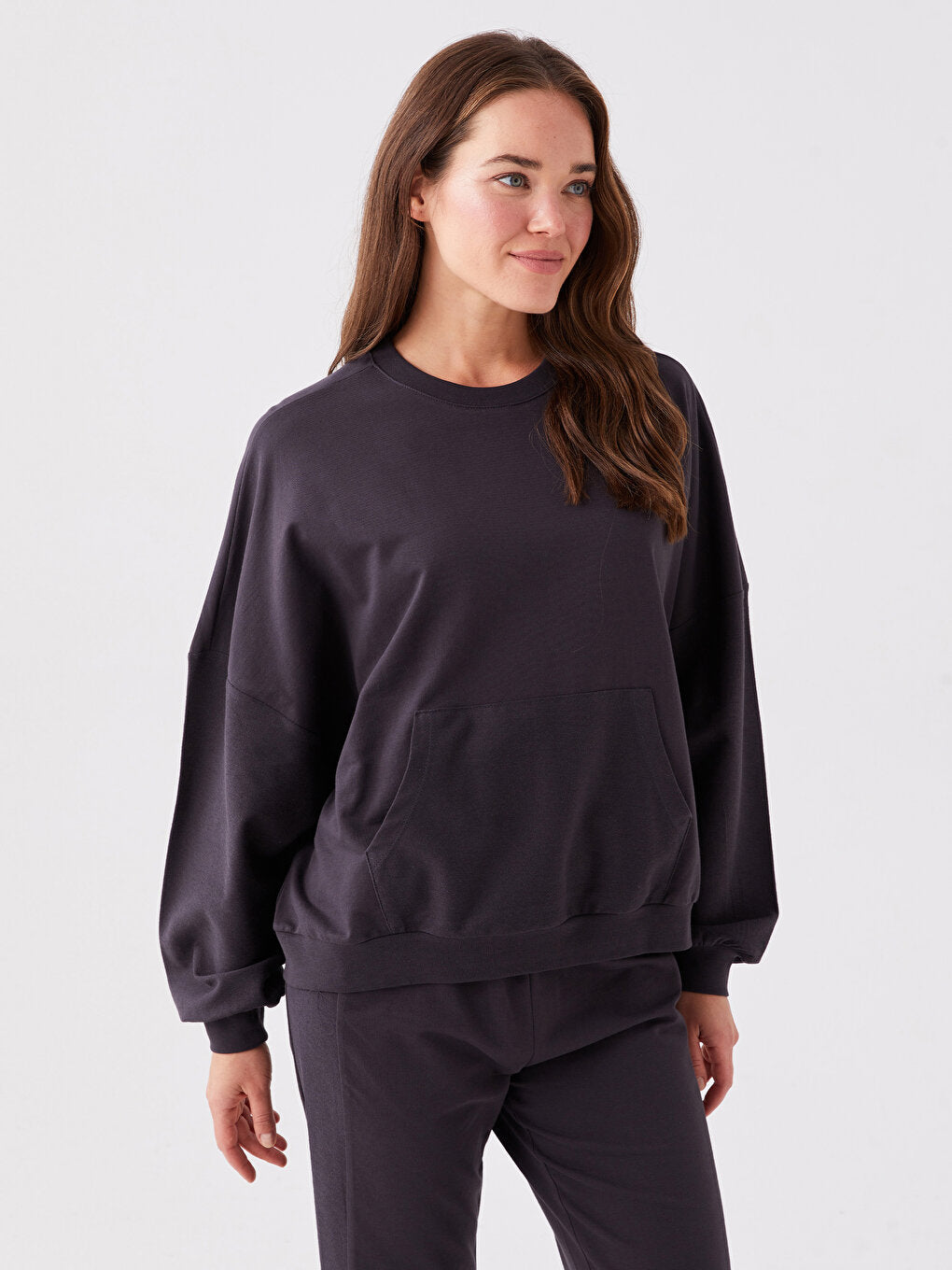 Crew Neck Plain Long Sleeve Women's Pajama Set