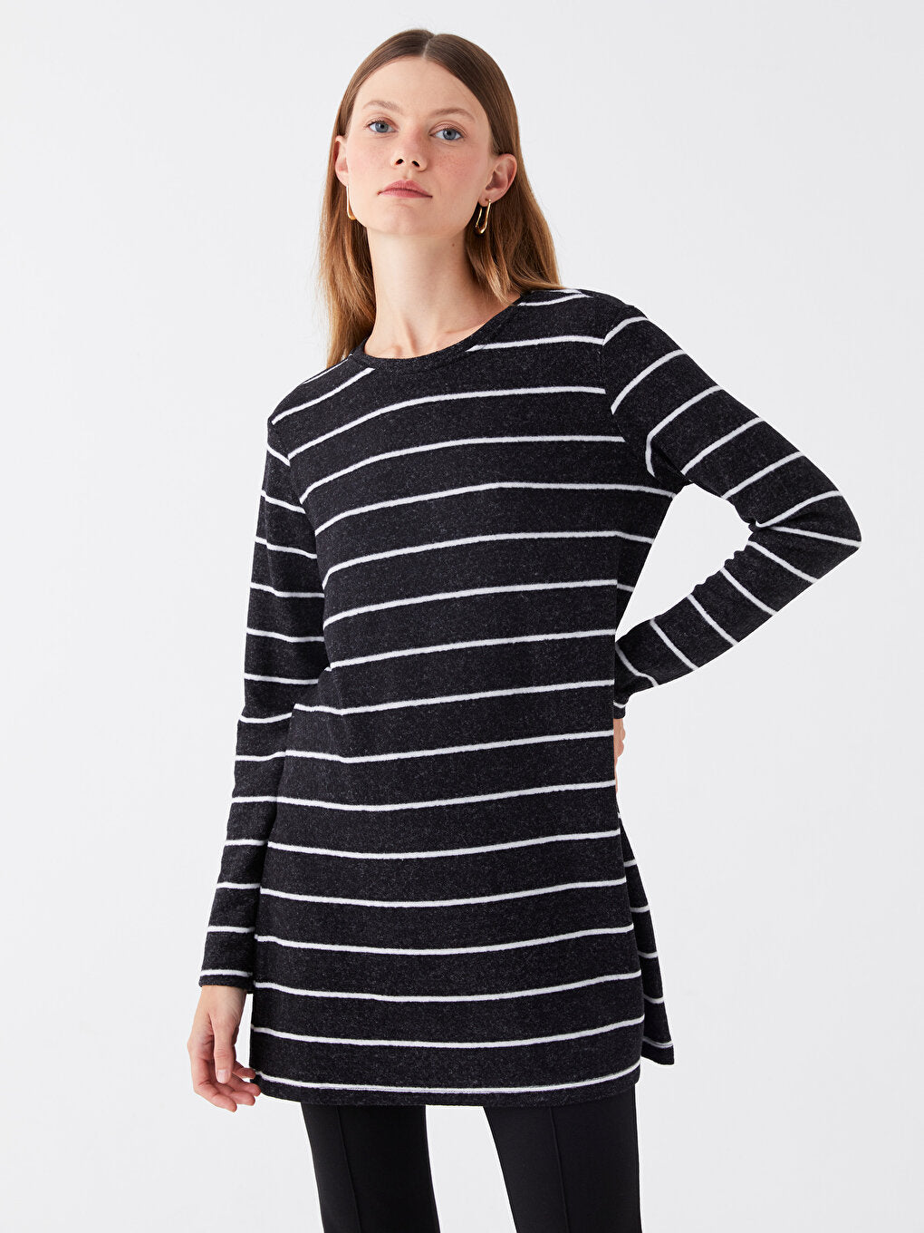 Crew Neck Striped Long Sleeve Women's Tunic