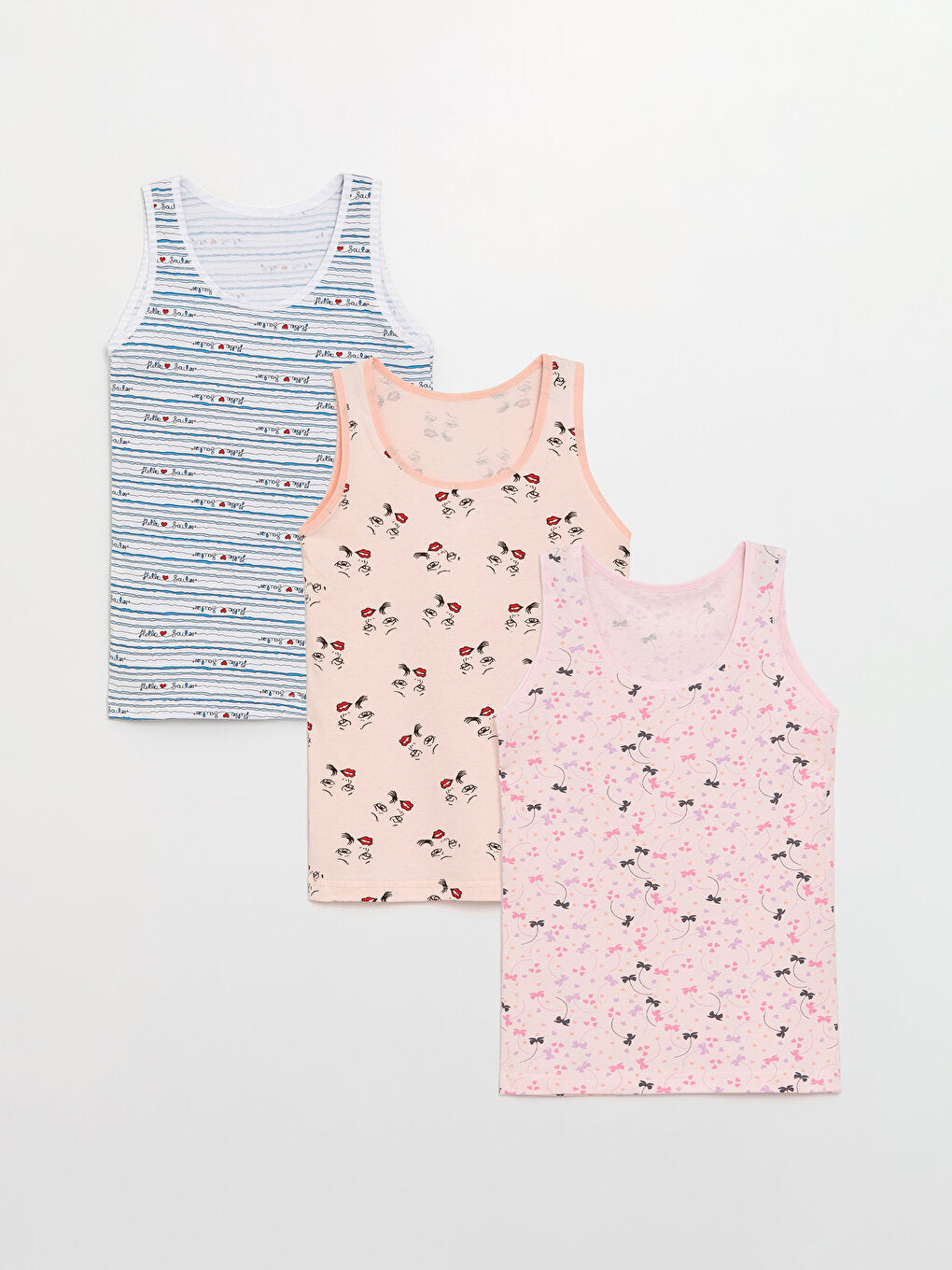 Crew Neck Patterned Girl's Undershirt 3-pack